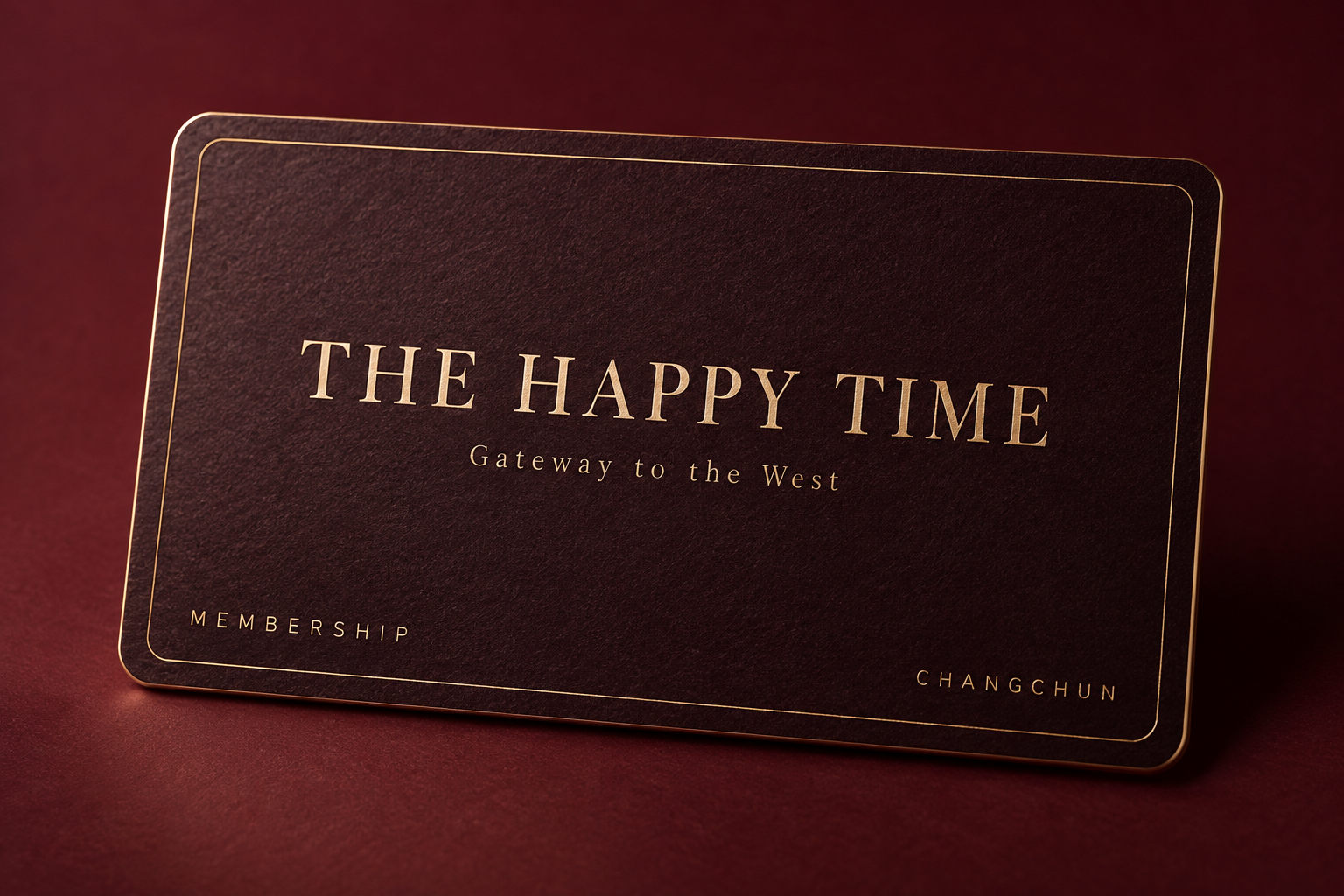 THE HAPPY TIME会员卡设计:深酒红卡面、香槟金文字与细线边框